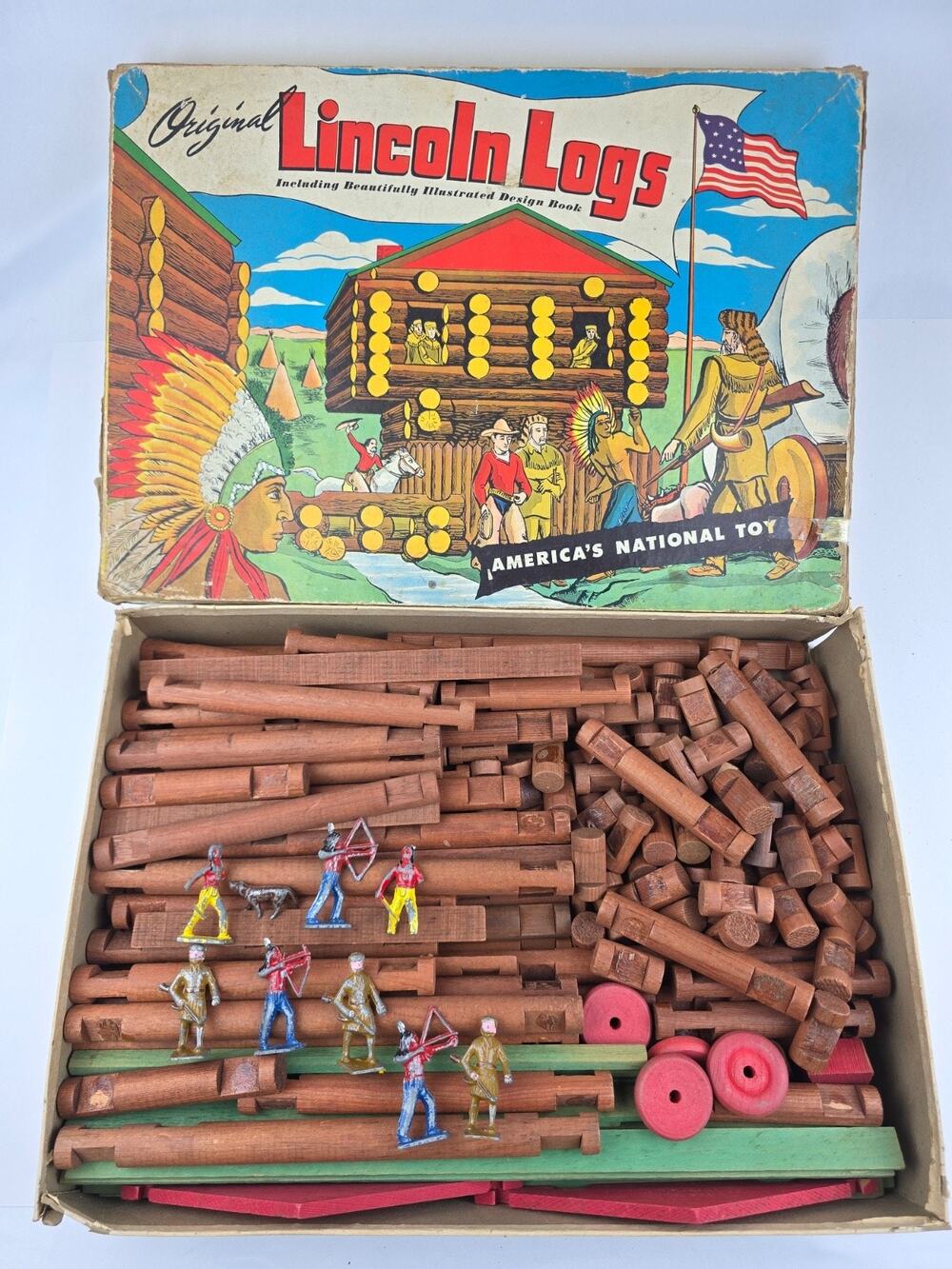 1940’s Vintage Original Lincoln Logs Set w/ Box incomplete some metal figures